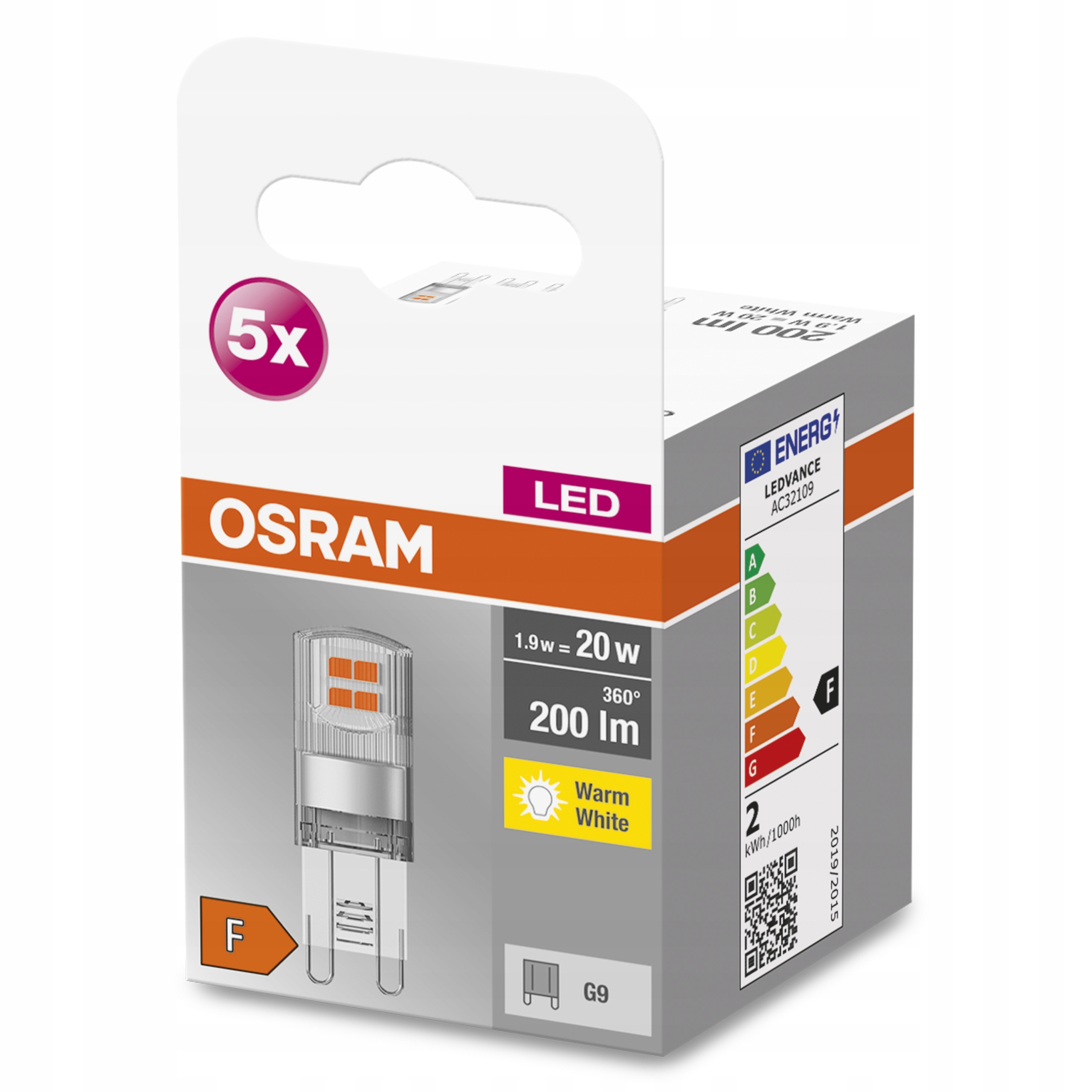 5 x OSRAM LED kapsułka Pin 1,9W 2700K 230V G9 EAN (GTIN) 4058075758049