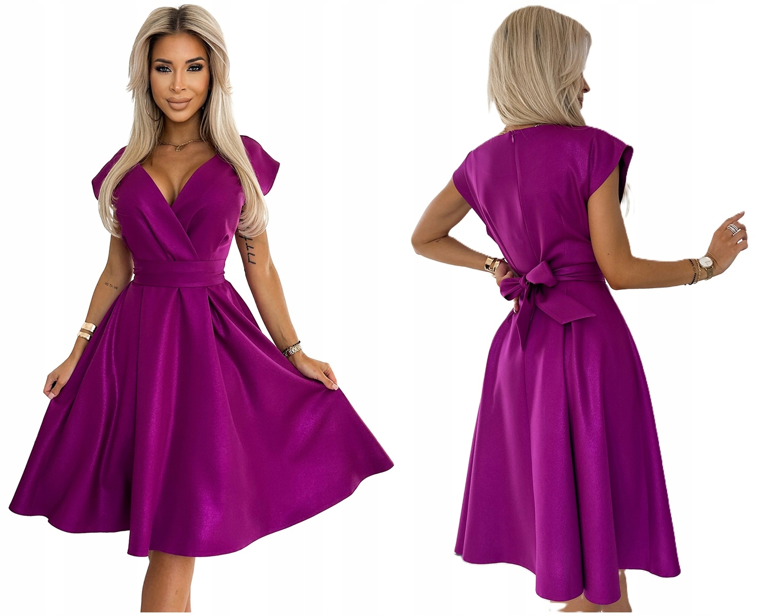 Podmanivá Rozevřená Šaty S Hlubokým Výstřihem A Fuchsií Se Třpytkami L