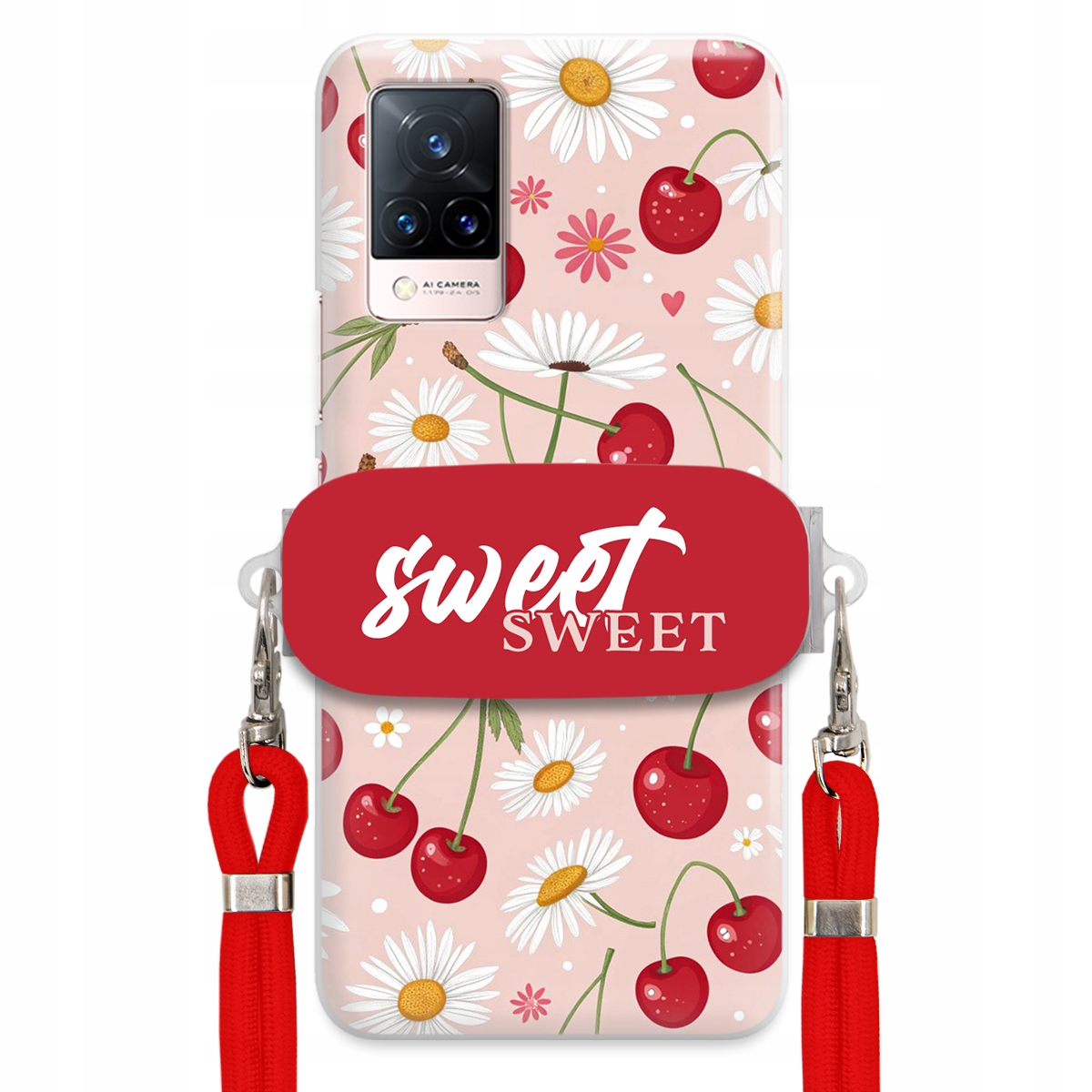 Puzdro pre Vivo S9 Červené vodítko Crossbody držiak Sweet Sweet Kvet čerešne