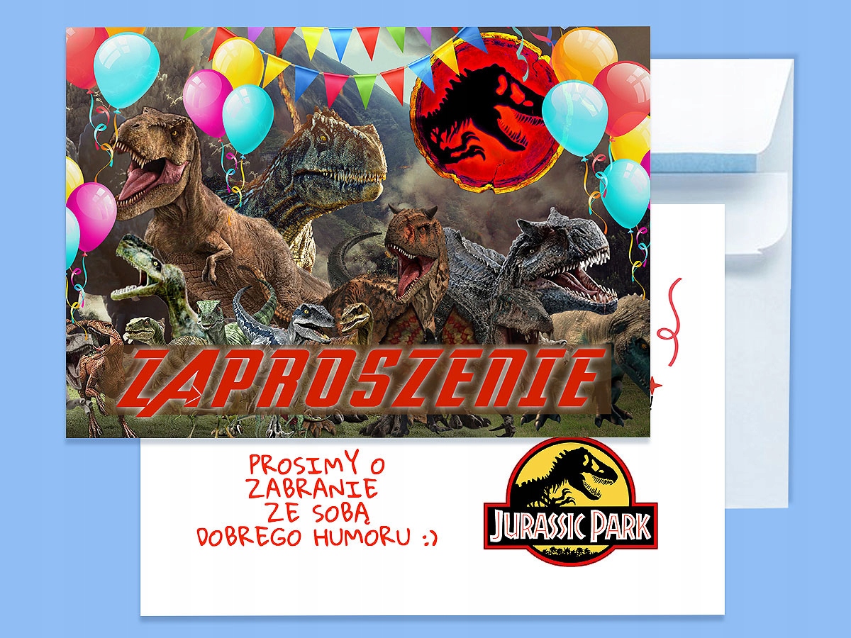 ZAPROSZENIE JURASSIC T-REX RAPTORY DINOZAURY NA URODZINY DZIECKA + KOPERTA Typ znaczek