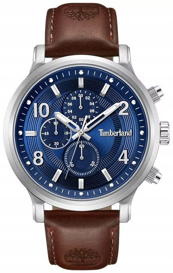 Pánské hodinky Timberland křemenný ciferník modrý, řemínek hnědý, 46 mm