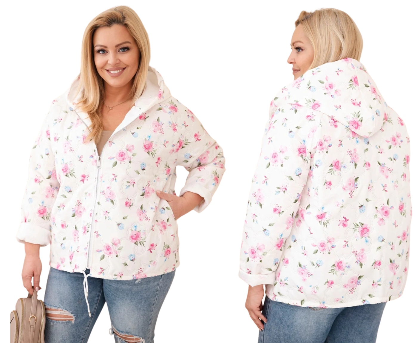 Růžová dámská bunda s kapucí Plus Size se zapínáním na zip Jarní