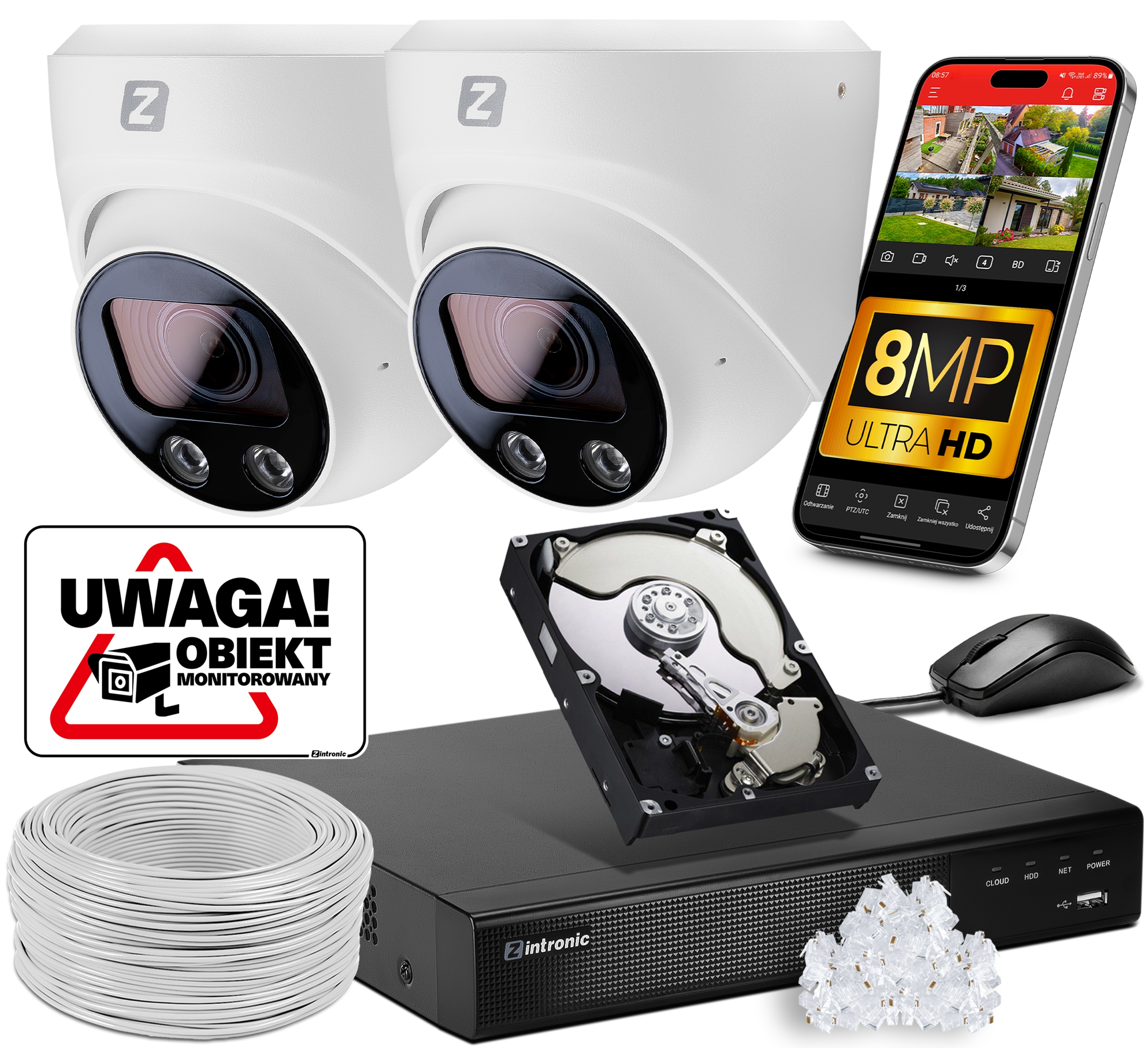 Sada 2 kamer s rekordérem pro Ip Monitorování Poe 8 MPx Ir zoom 30 m Ai