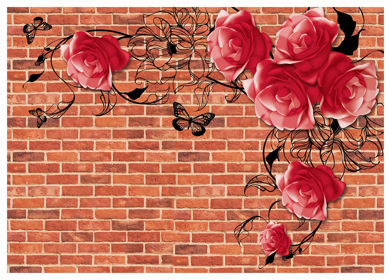 Fototapeta Červené růže motýli na cihle romantismus vinylová 368x254 lepidlo