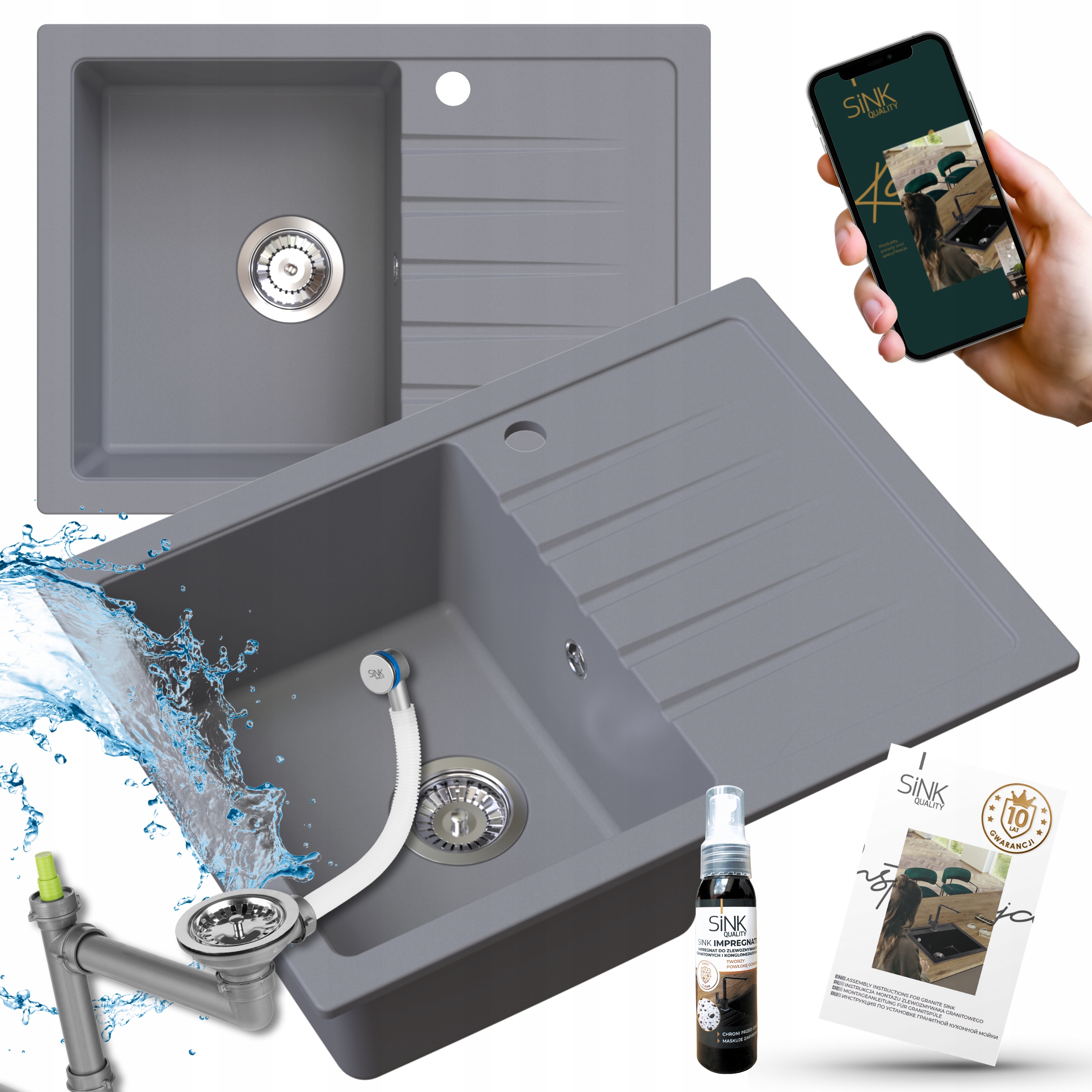 Granitový Dřez 68x50 Šedý Titanite+sifon Chromovaný+impregnat 7v1