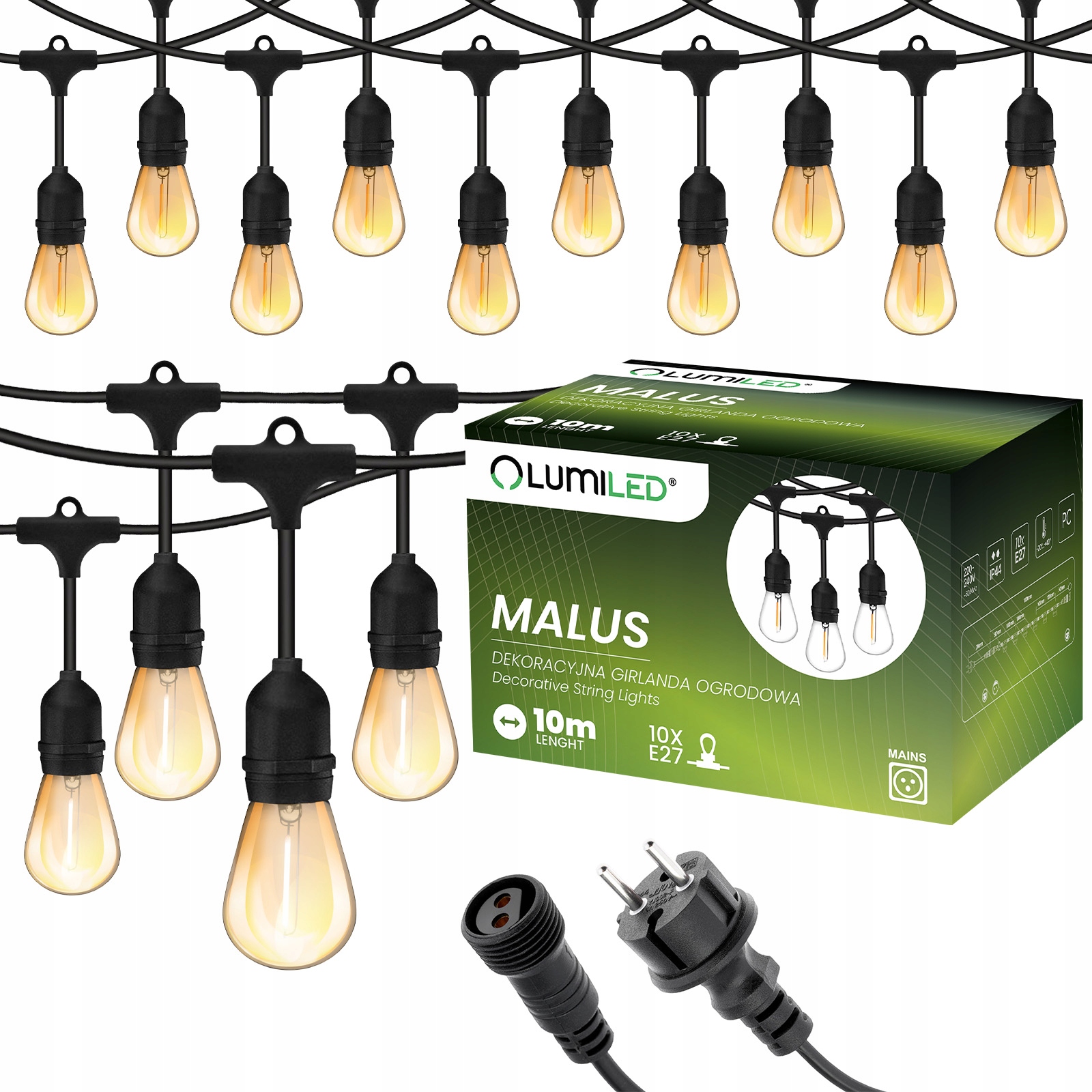 Girlanda Ogrodowa Zewnętrzna Łańcuch Żarówka Led 10m 10xE27 1,3W Premium
