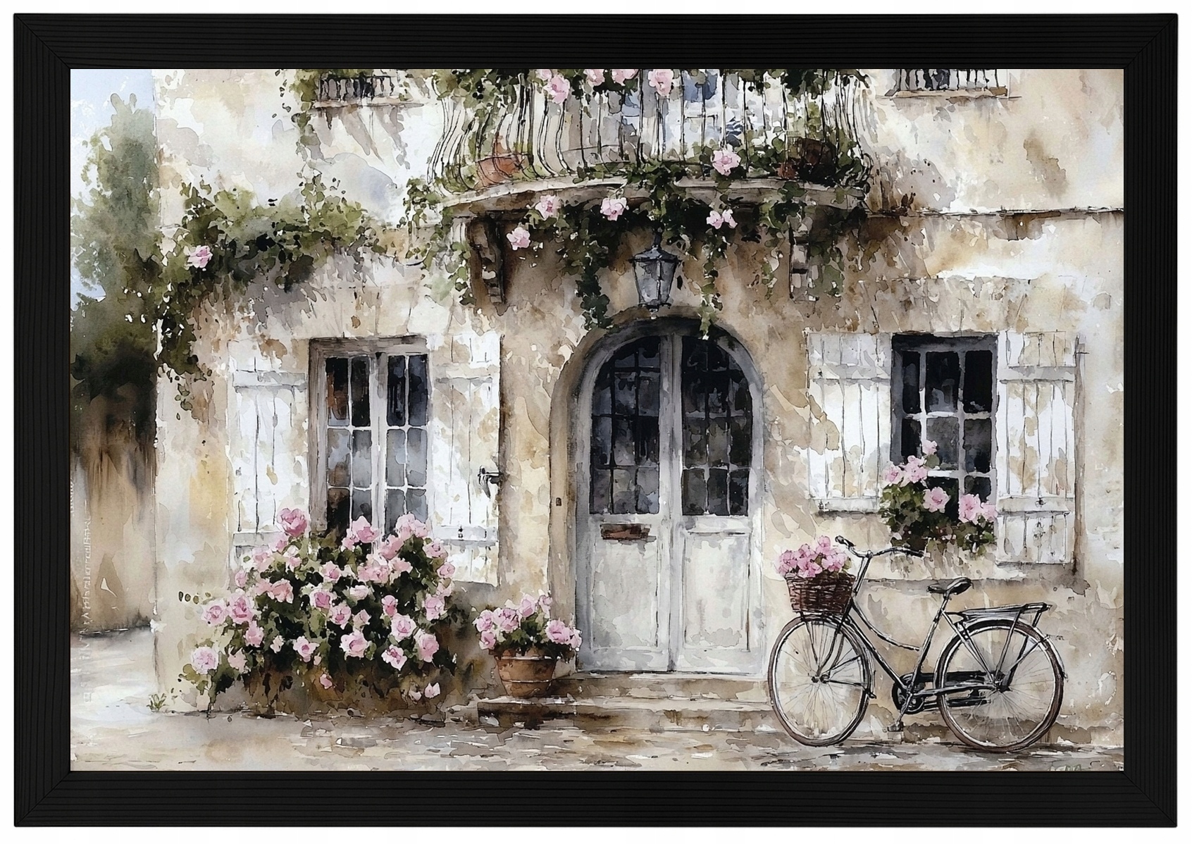 Plakát Rámeček Dřevo Provensálský Dům Kolo Růže Balkon Vintage 93x62
