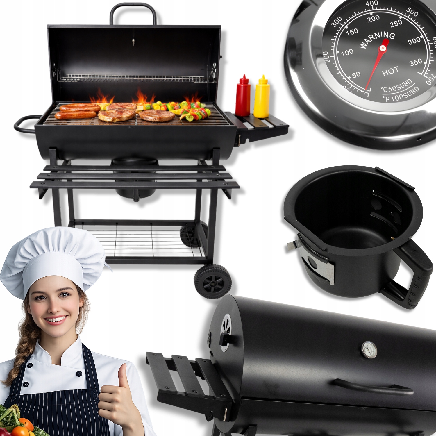 Grill Węglowy Duży Ogrodowy Z Pokrywą Beczka Termometr Ruszt Popielnik