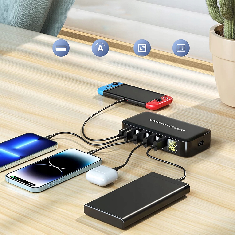 INTELIGENTNA ŁADOWARKA USB 40W 8A 5V, 8 PORTÓW Kolor czarny