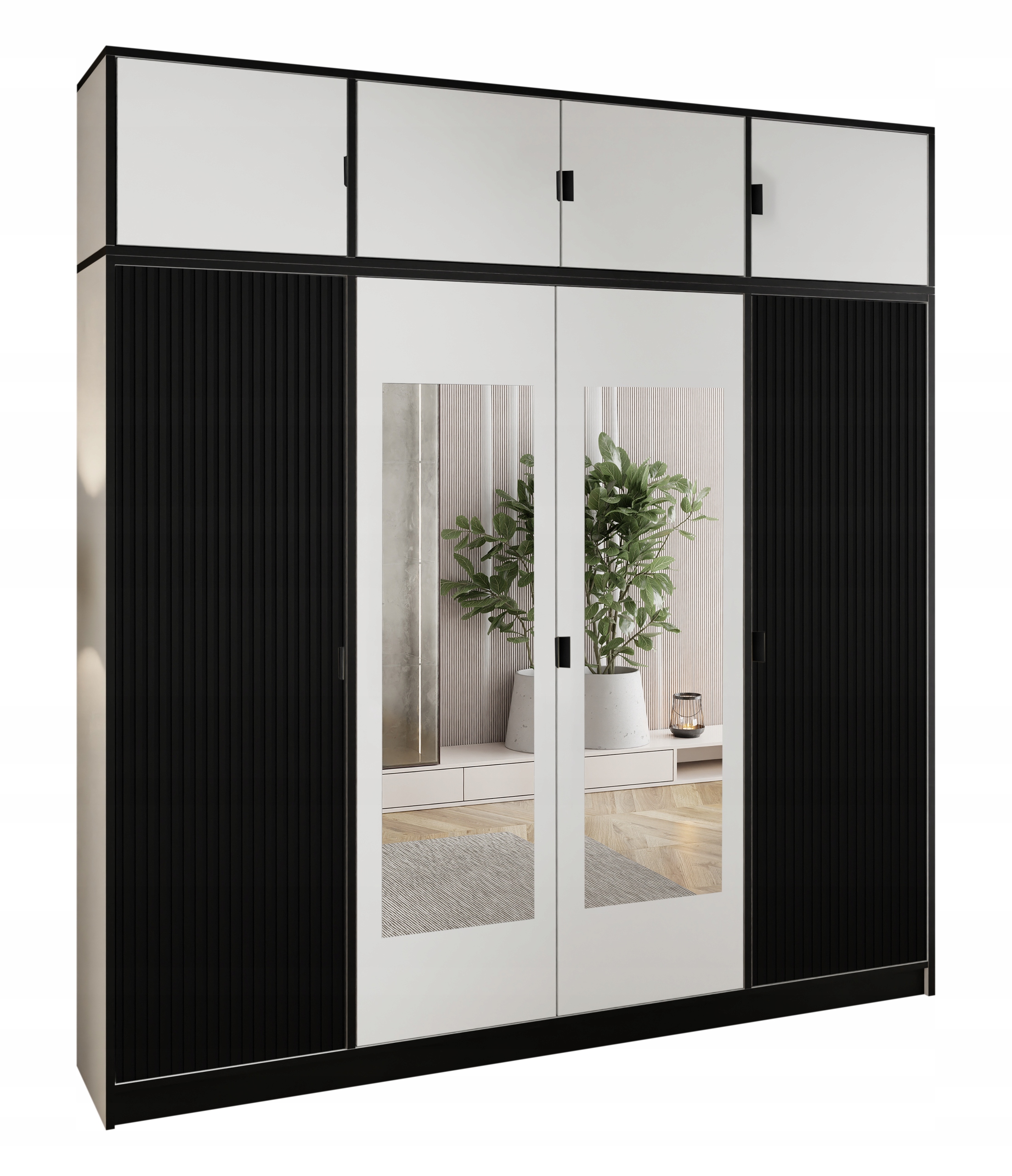 Skříň Lumi 207 4D Bílá černý ryfl. 2x zrcadlo dior úchytka č. s nadstavcem.