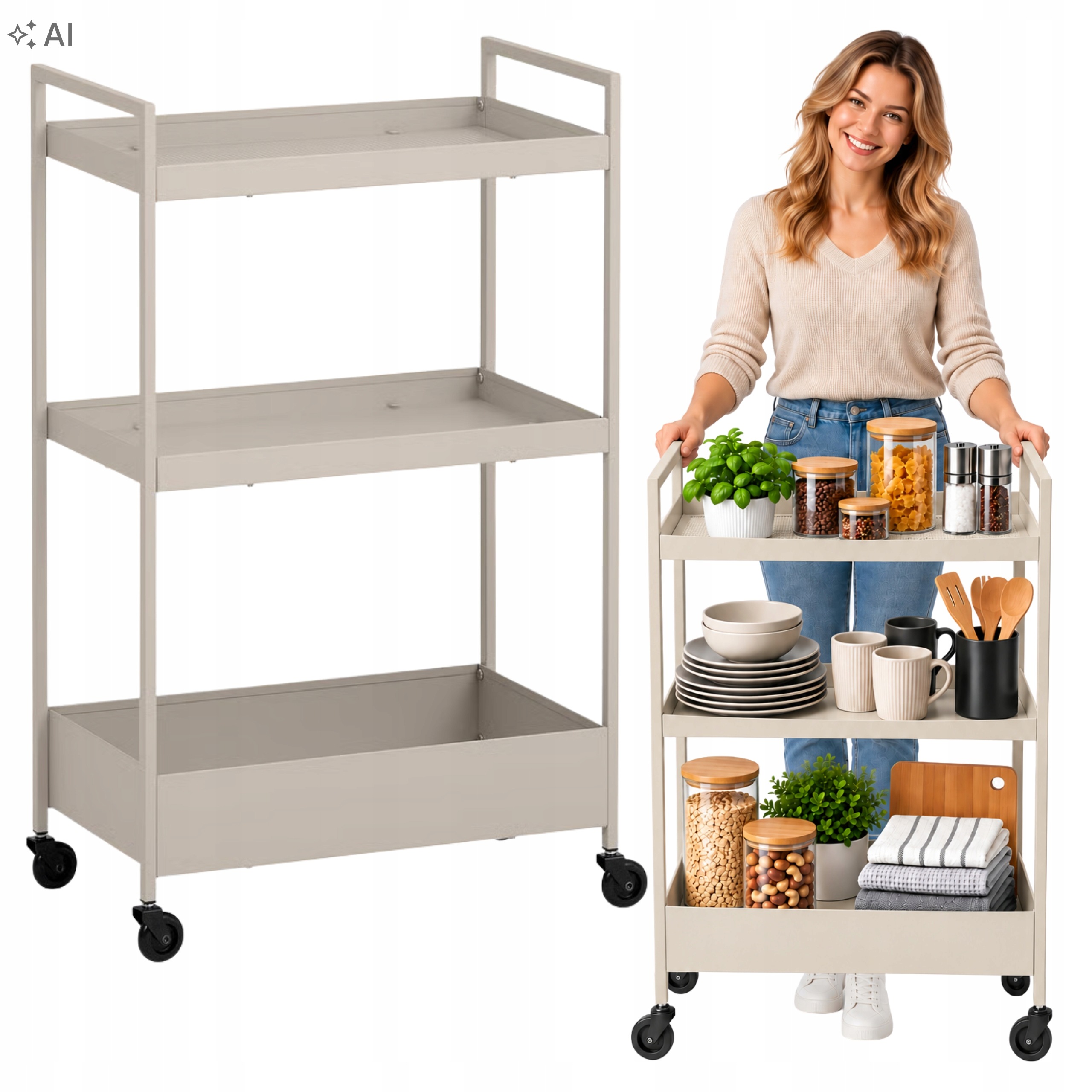 Kuchyňský vozík Ikea Nissafors Barek na kolečkách, béžový, 3 úrovně, kovový