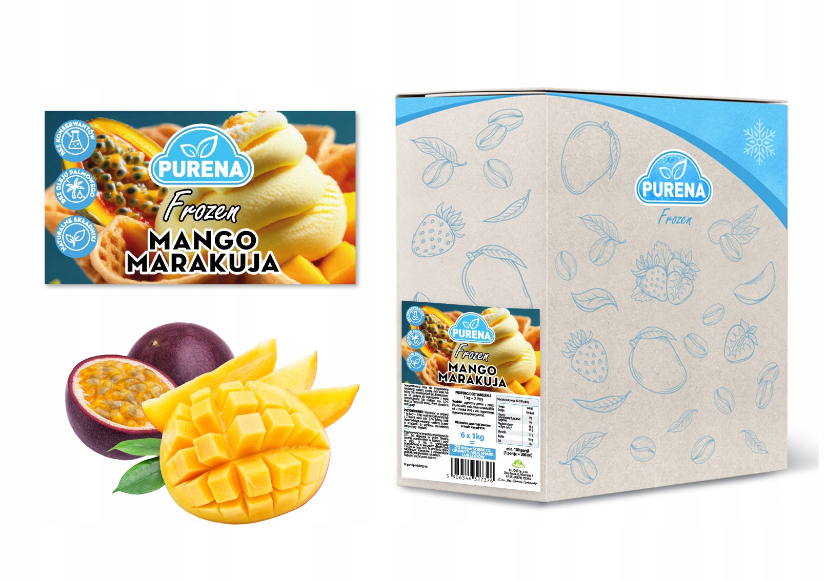 Sorbet, granita, lody włoskie baza Mango-marakuja Purena Frozen box 6x1kg