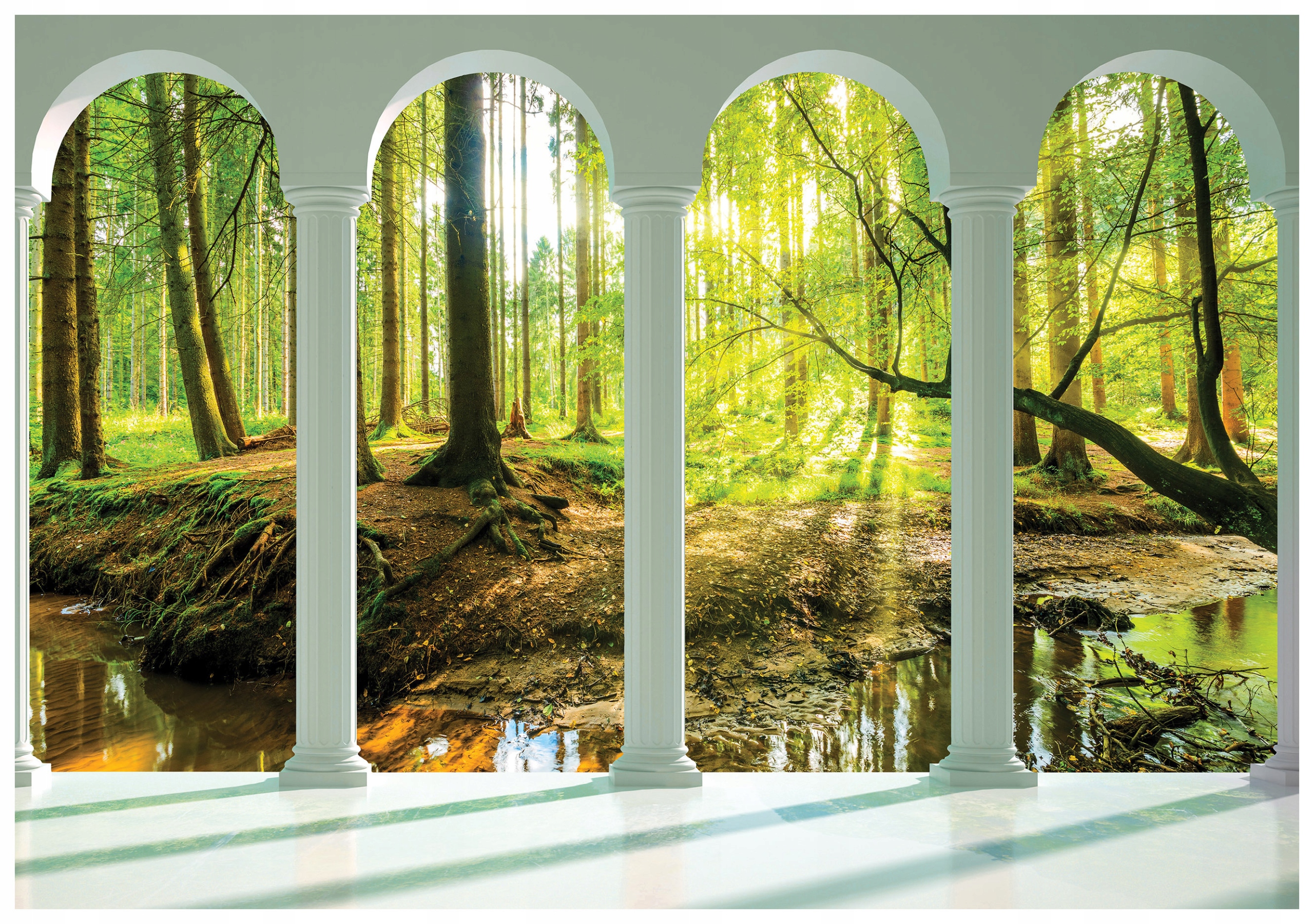 Vliesová fototapeta Sloupy a les Slunce proud zeleně 250x175 lepidlo