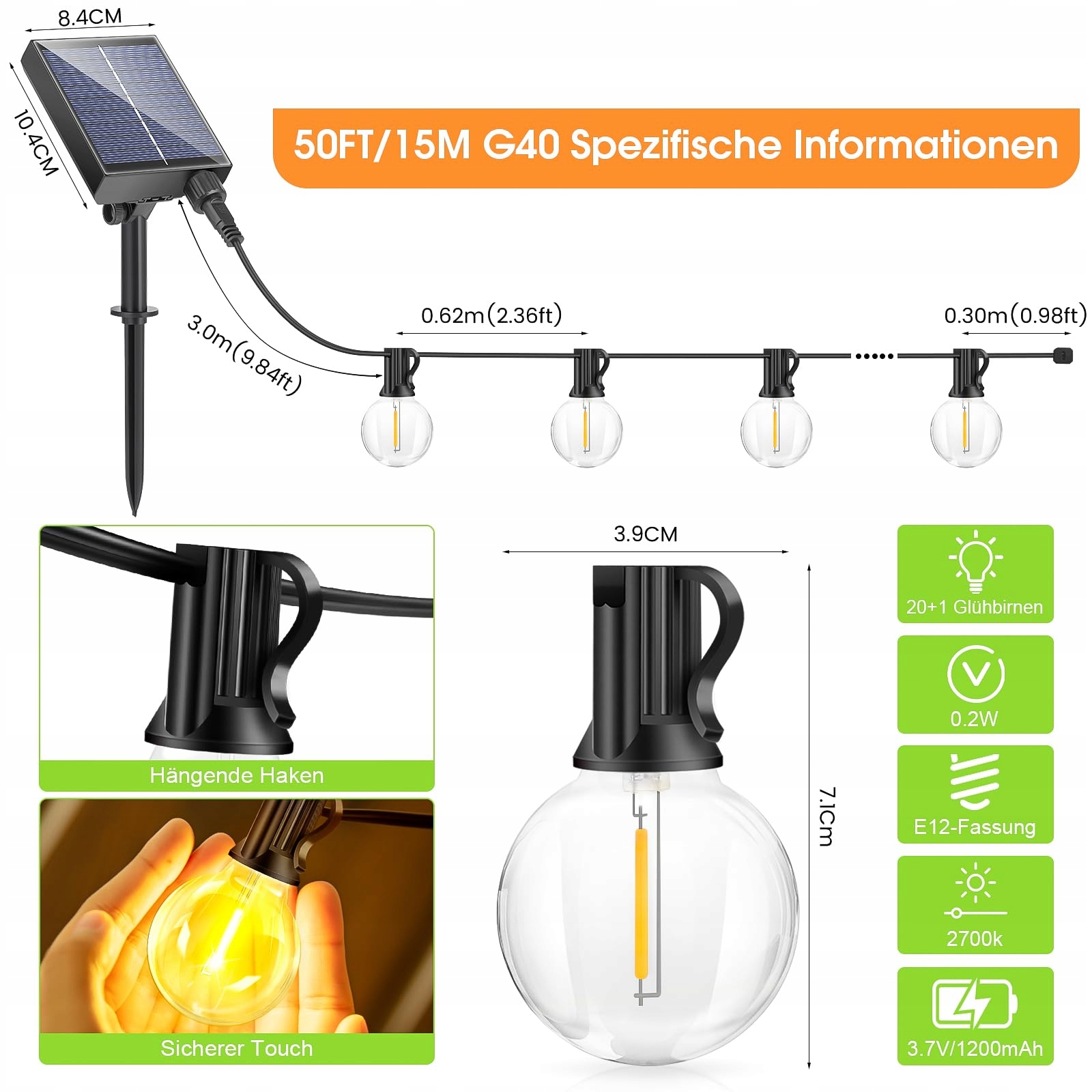 FGRYB Lampki Solarne Zewnętrzne 15M Wodoodporne LED 20+1 G40 Z Pilotem — miniatura 5