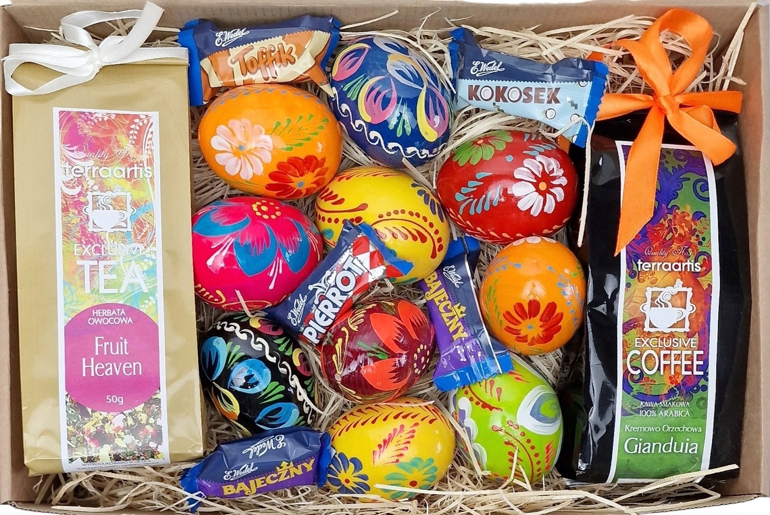 Dřevěná velikonoční vajíčka 10 kusů Malovaná krabička Káva Čaj