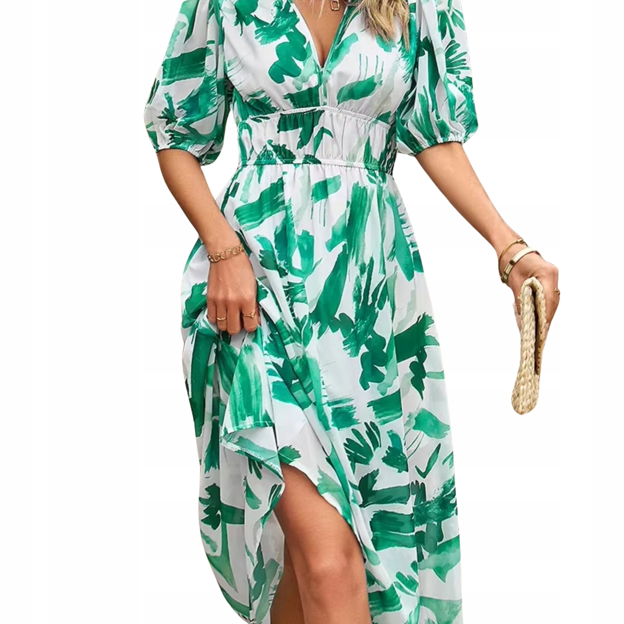 Sukienka damska rozkloszowana z gumką wzorzysta midi letnia zwiewna luźna