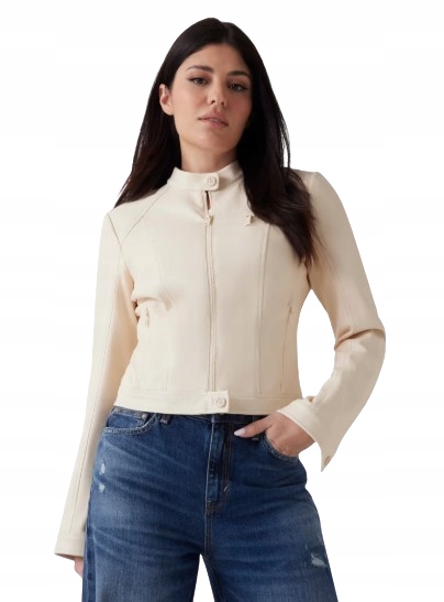 Guess Krátká Béžová Dámská Bunda Se Zipem A Polostojáčkem