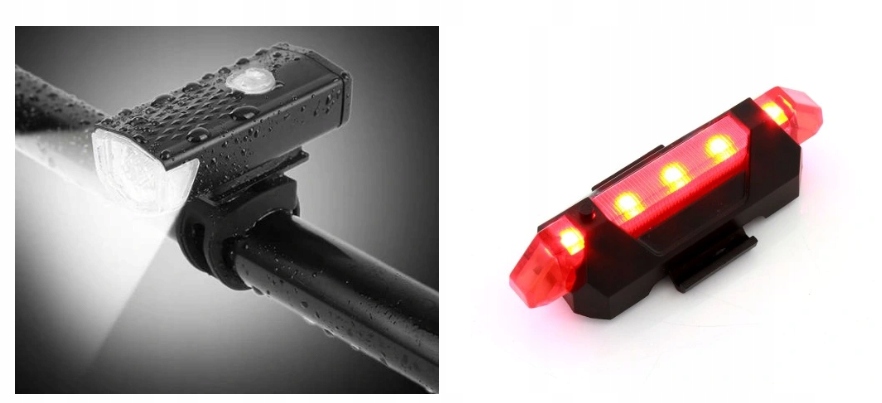 LAMPKA ROWEROWA PRZEDNIA + TYLNA LED DO ROWERU AKUMULATOROWA NA KIEROWNICĘ Kolor dominujący czarny