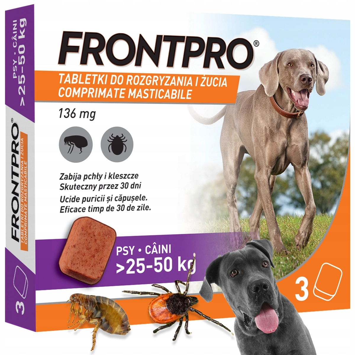 Frontpro tabletki 3 sztuki na Kleszcze Pchły dla Psa 25-50 kg na 3 miesiące