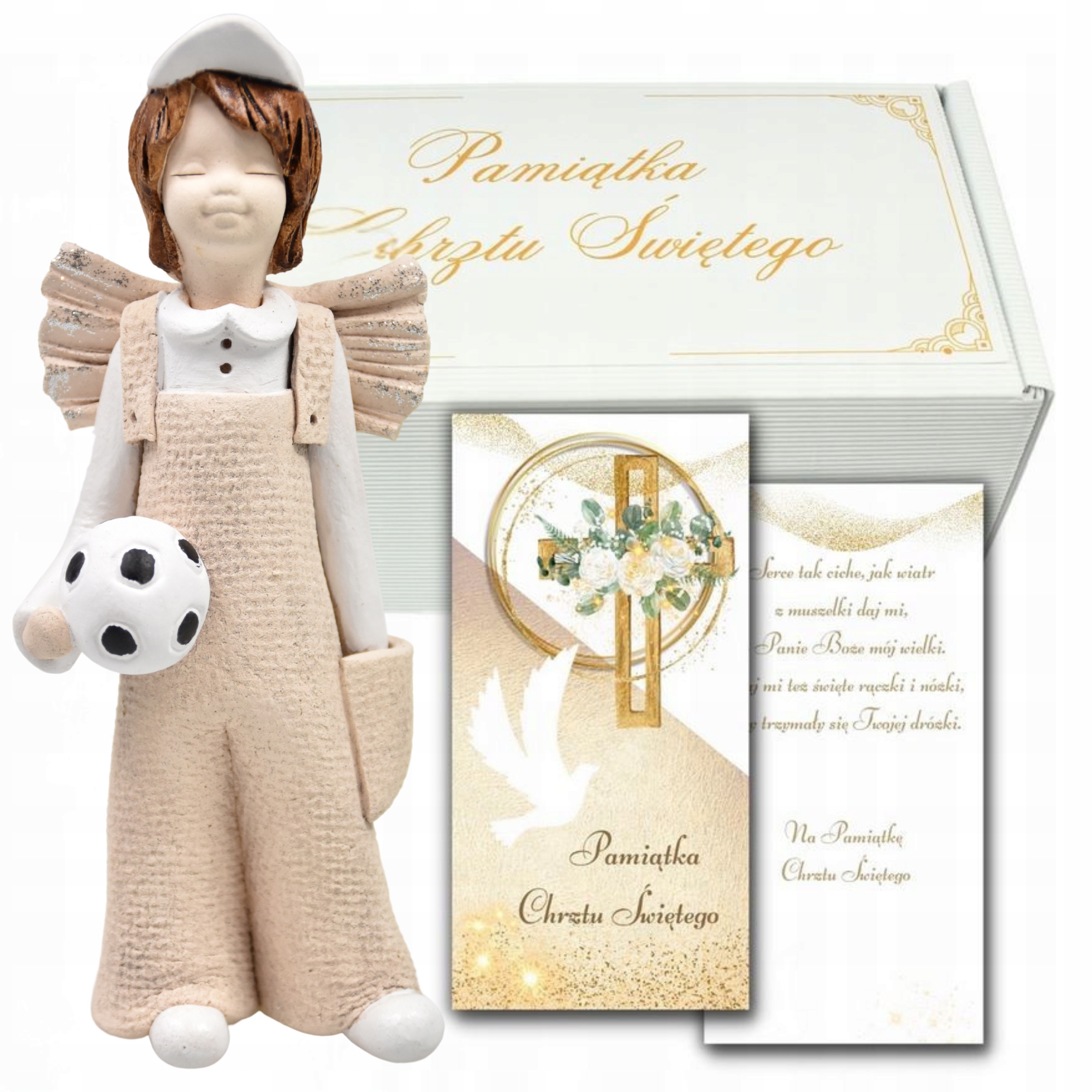 ANIOŁ STRÓŻ PAMIĄTKA CHRZTU ŚWIĘTEGO ANIOŁ PREZENT CHŁOPCZYK Z PIŁKĄ