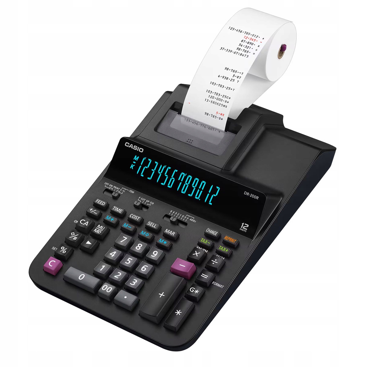 KALKULATOR Z DRUKARKĄ CASIO DR-200R 12 POZYCJI DWA KOLORY PODATEK ZASILACZ