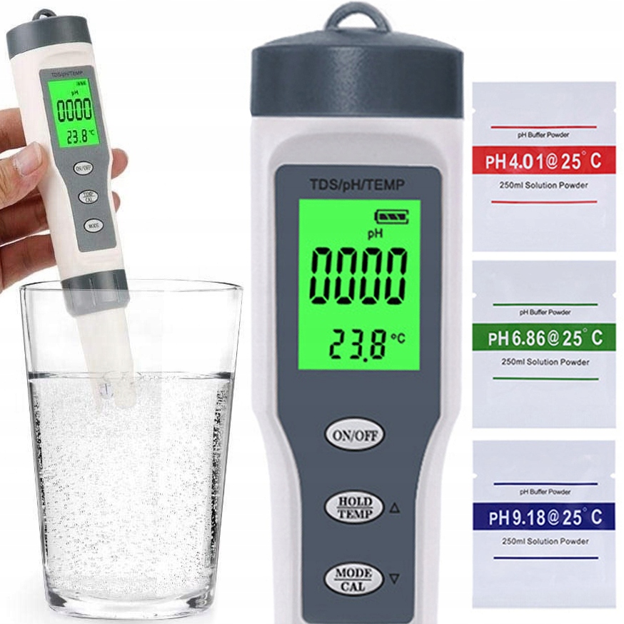 Levně Měřič Ph Vody Kyseloměr Tester Ph Vody Akvária Bazénu Teplota 3V1