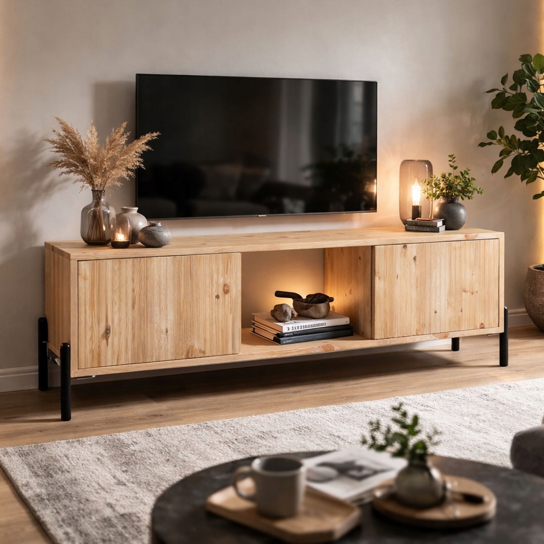 Szafka RTV Lamel wood 150 cm z drewna litego