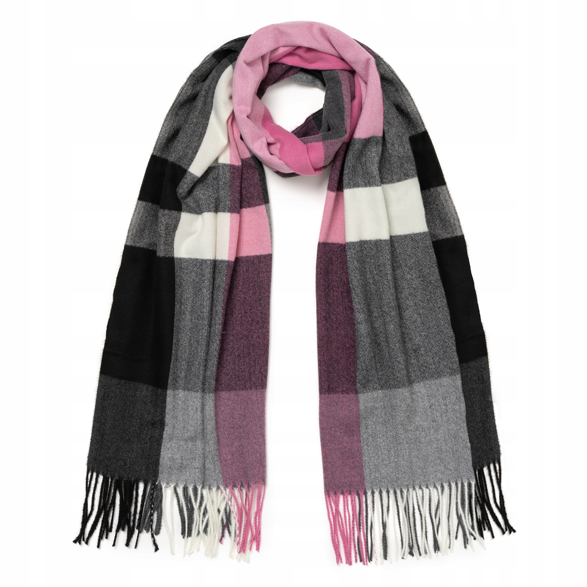 

Duży i ciepły szal damski w kratę Czarno Różowy