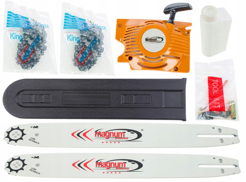 PIŁA SPALINOWA PILARKA ŁAŃCUCHOWA do DRZEWA 5.2KM 2x PROWADNICA ŁAŃCUCH Zawartość zestawu 2x PROWADNICA 2x ŁAŃCUCH DODATKOWY STARTER OLEJ POJEMNIK NA MIESZANKĘ ZESTAW KLUCZY