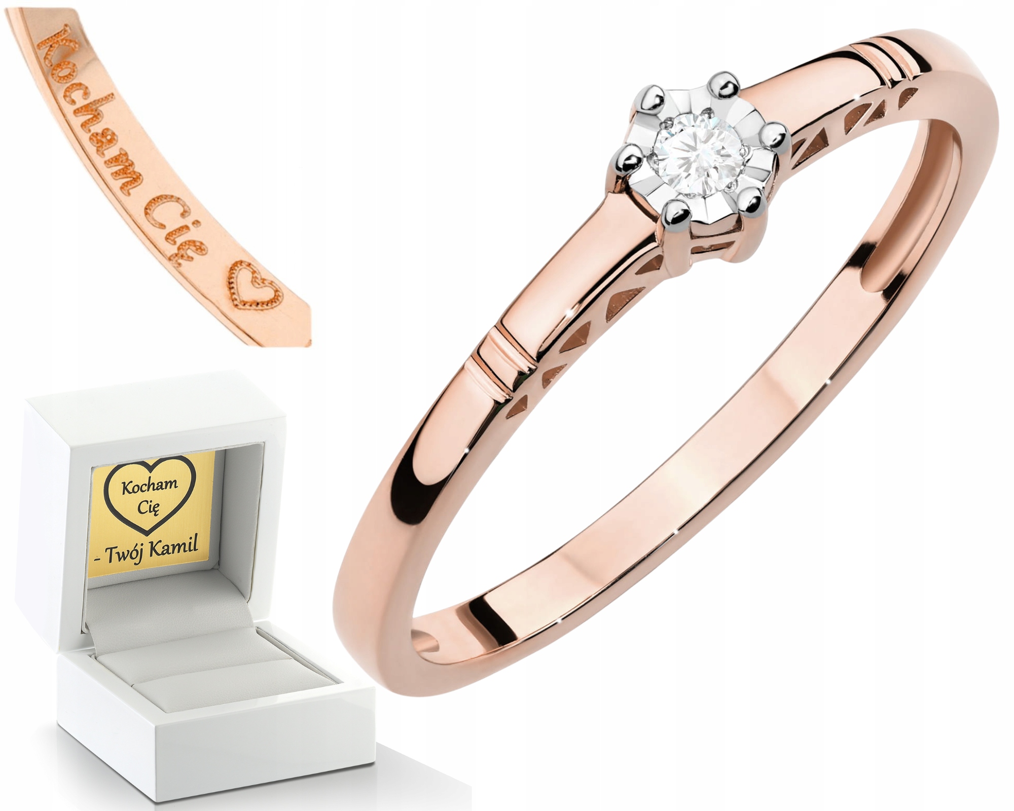 Diamantový Prsten, Růžové Zlato 585, Prstýnek Dárek Gravírování Bonus