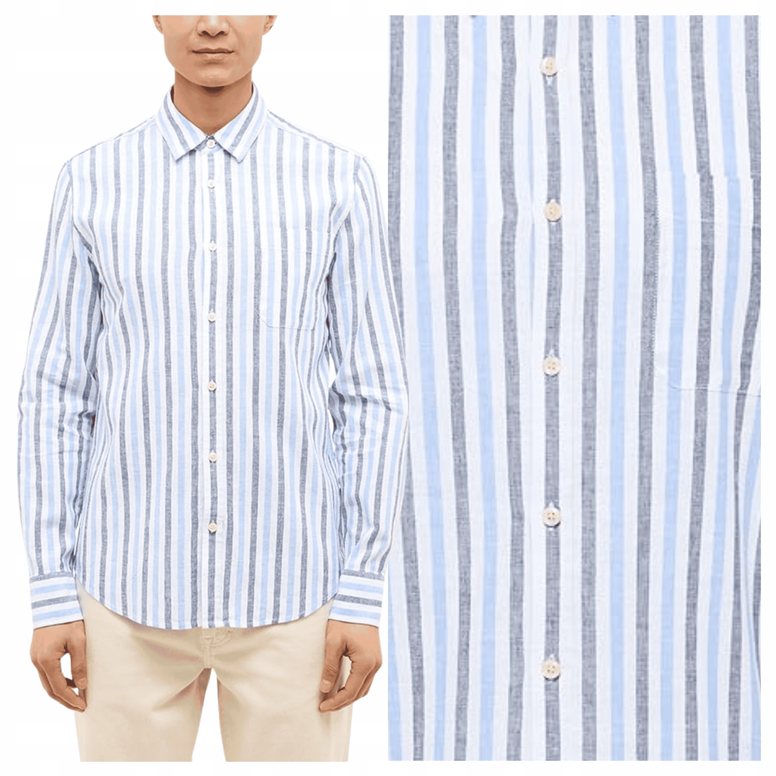 Pánská košile Mustang Rawlins Lněná bavlněná modrá s pruhy XL