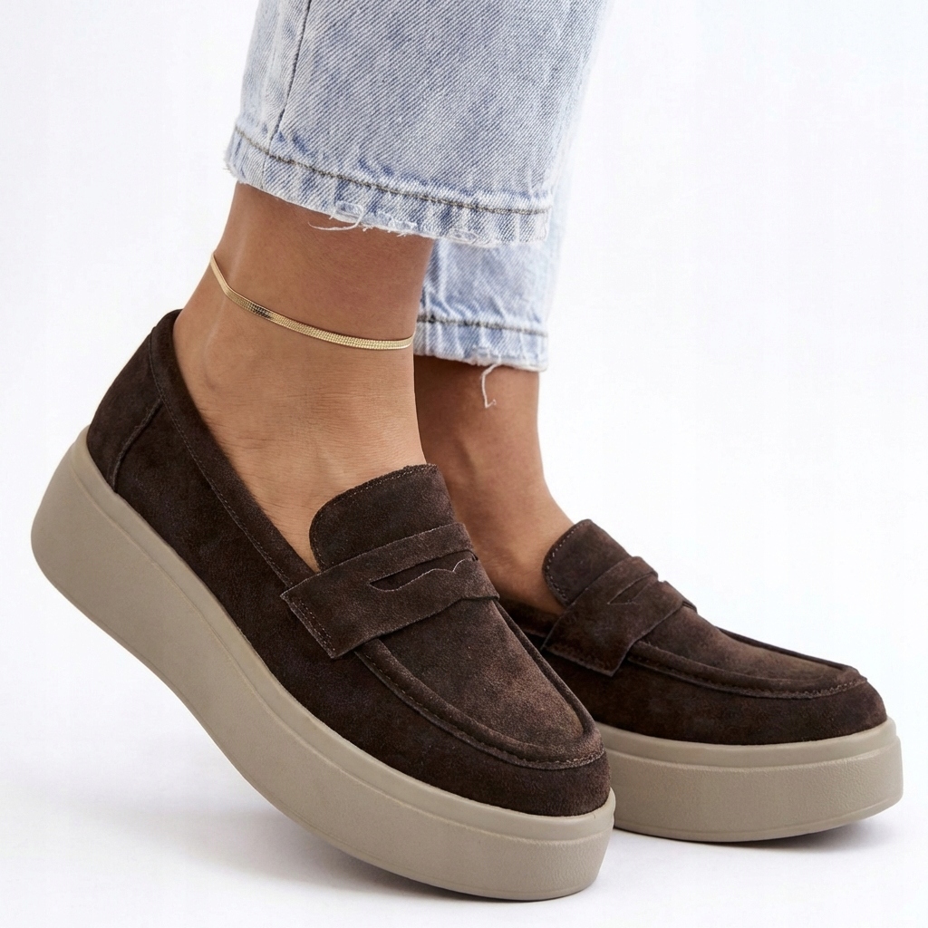 Czekoladowe Mokasyny Półbuty Na Wyższej Podeszwie NS603 Skóra Naturalna 41