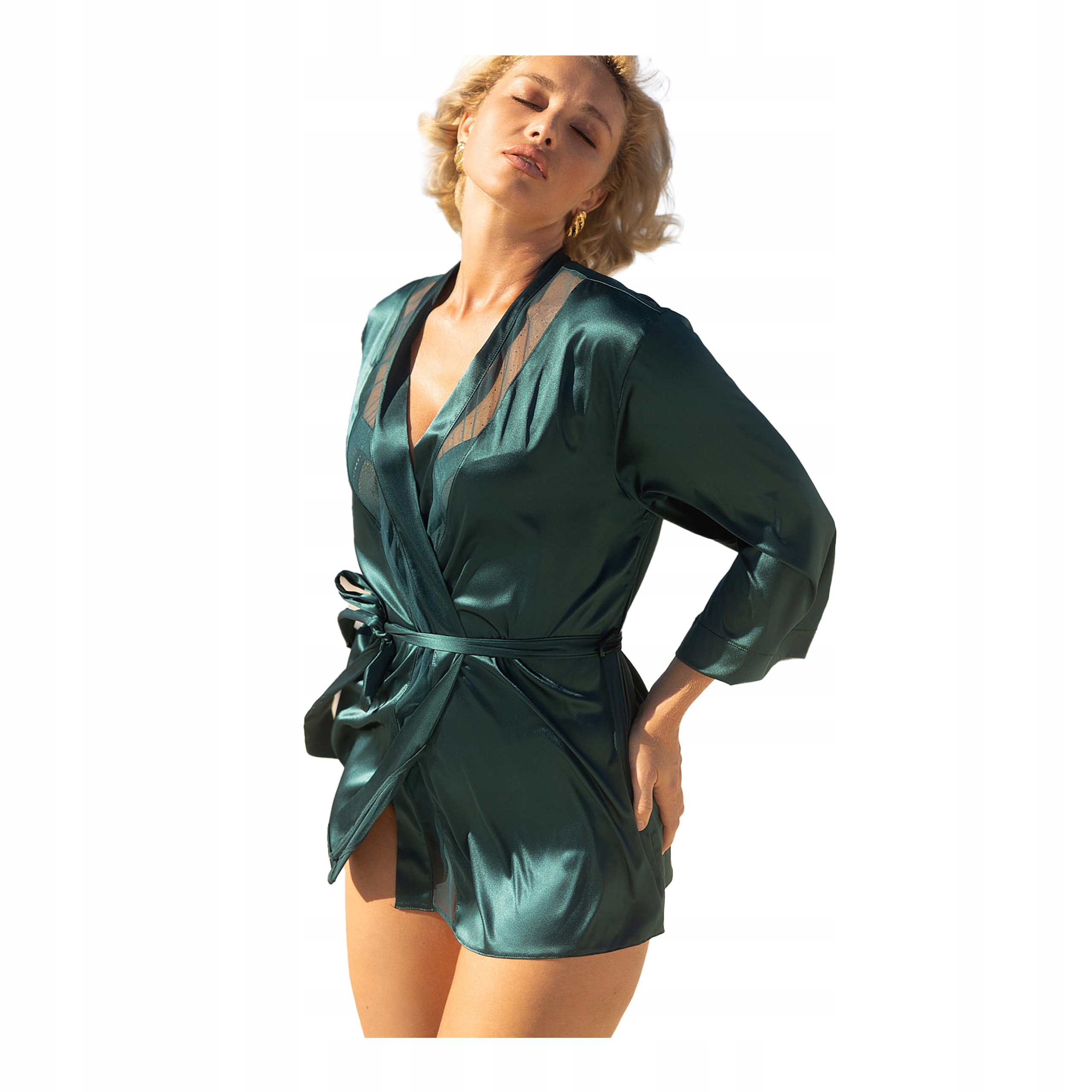 Dámský saténový župan kimono s krátkým zavazováním, sexy peniuar Kleo XL
