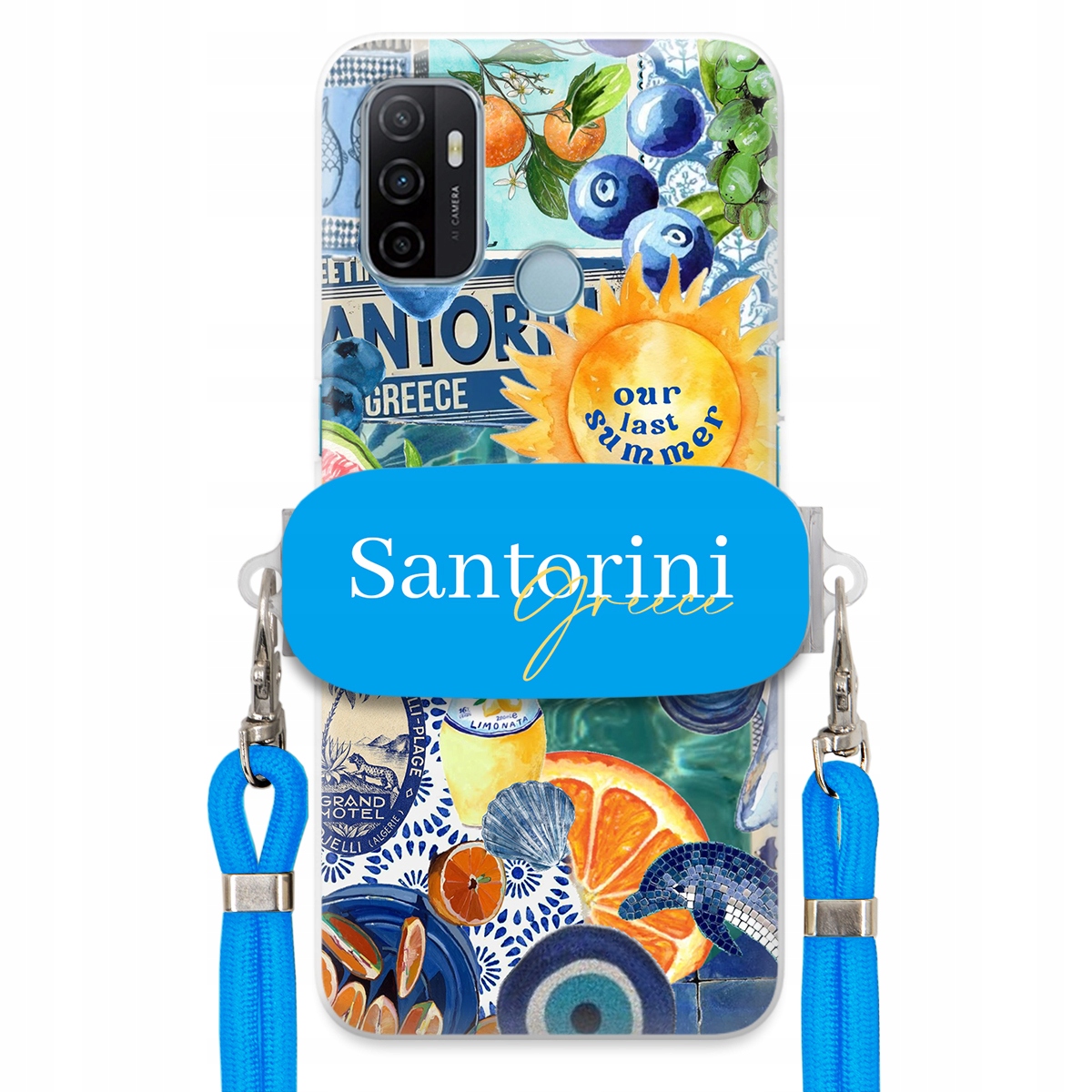 Puzdro pre Oppo A53s Modrá Crossbody šnúra držiak Santorini Sea Vibes