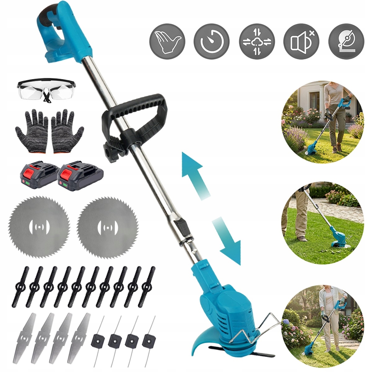 Akumulátorová sekačka 800 W s nastavitelnou délkou 90-125 cm, modrá