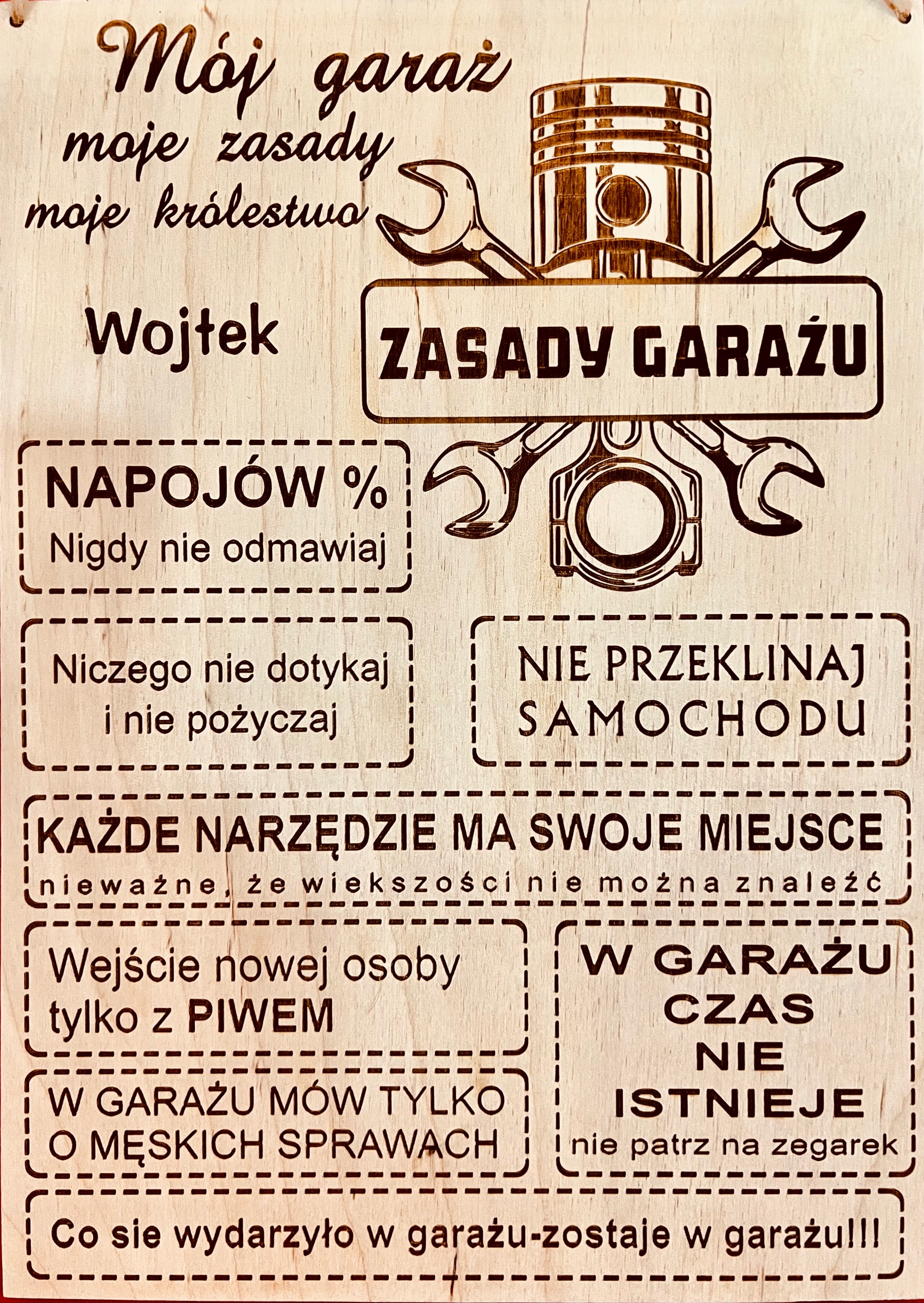 

Zasady Garażu Tablica drewniana Grawer Laser