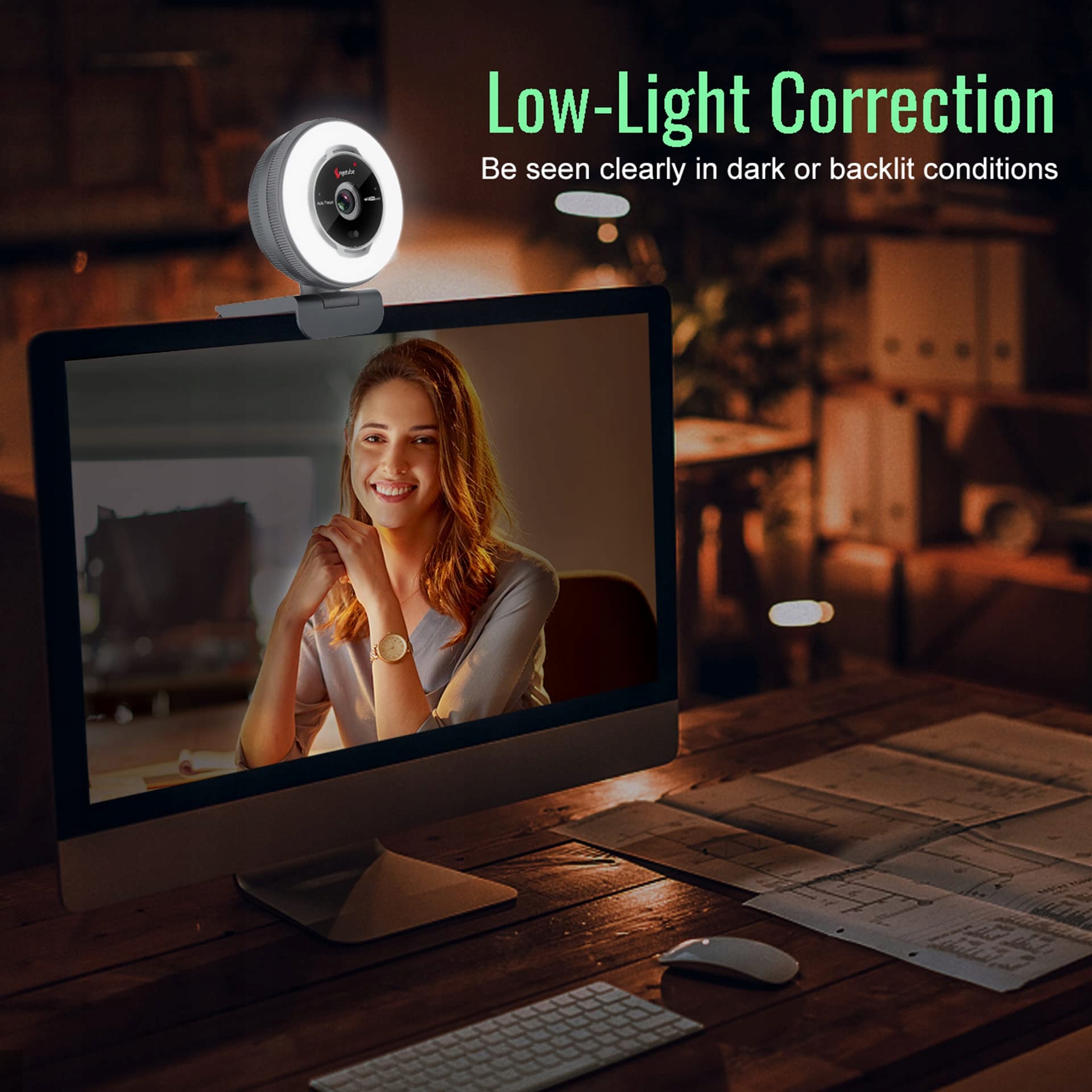 ANGETUBE Kamera 1080P 60FPS z Ring Light Zoom 5X Mikrofony PC Laptop Mac — miniatura 7