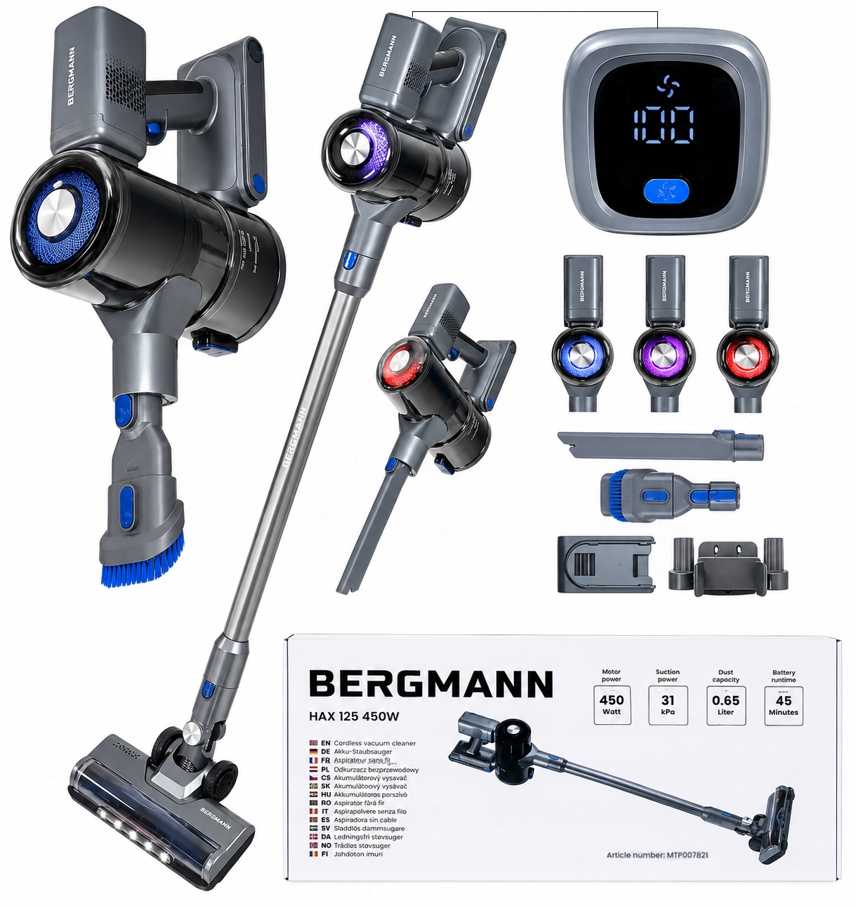 Bezdrôtový vertikálny vysávač Bergmann Hax 125 450W Detekcia prachu