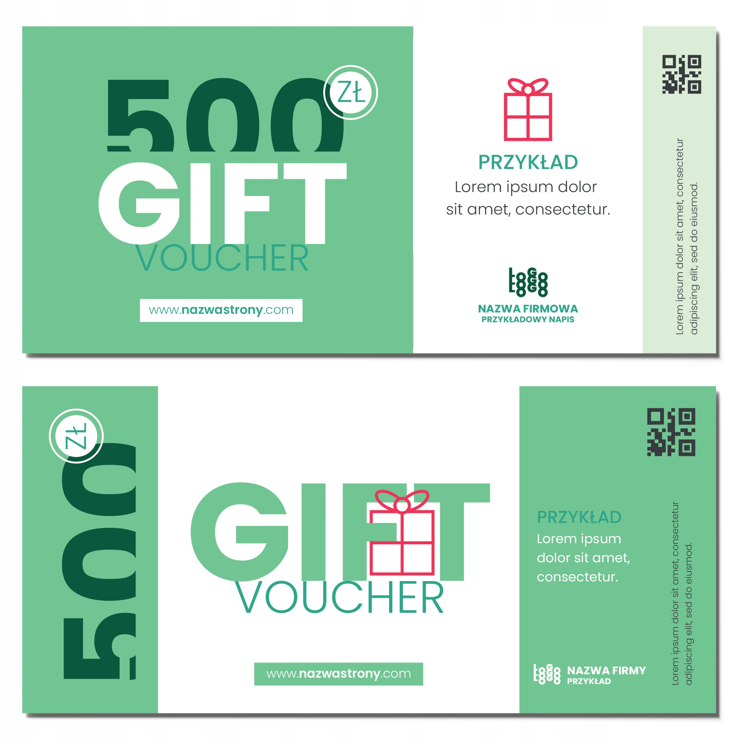 Vouchery upominkowe zielone kod QR 99x210 350g DARMOWY PROJEKT 250 sztuk