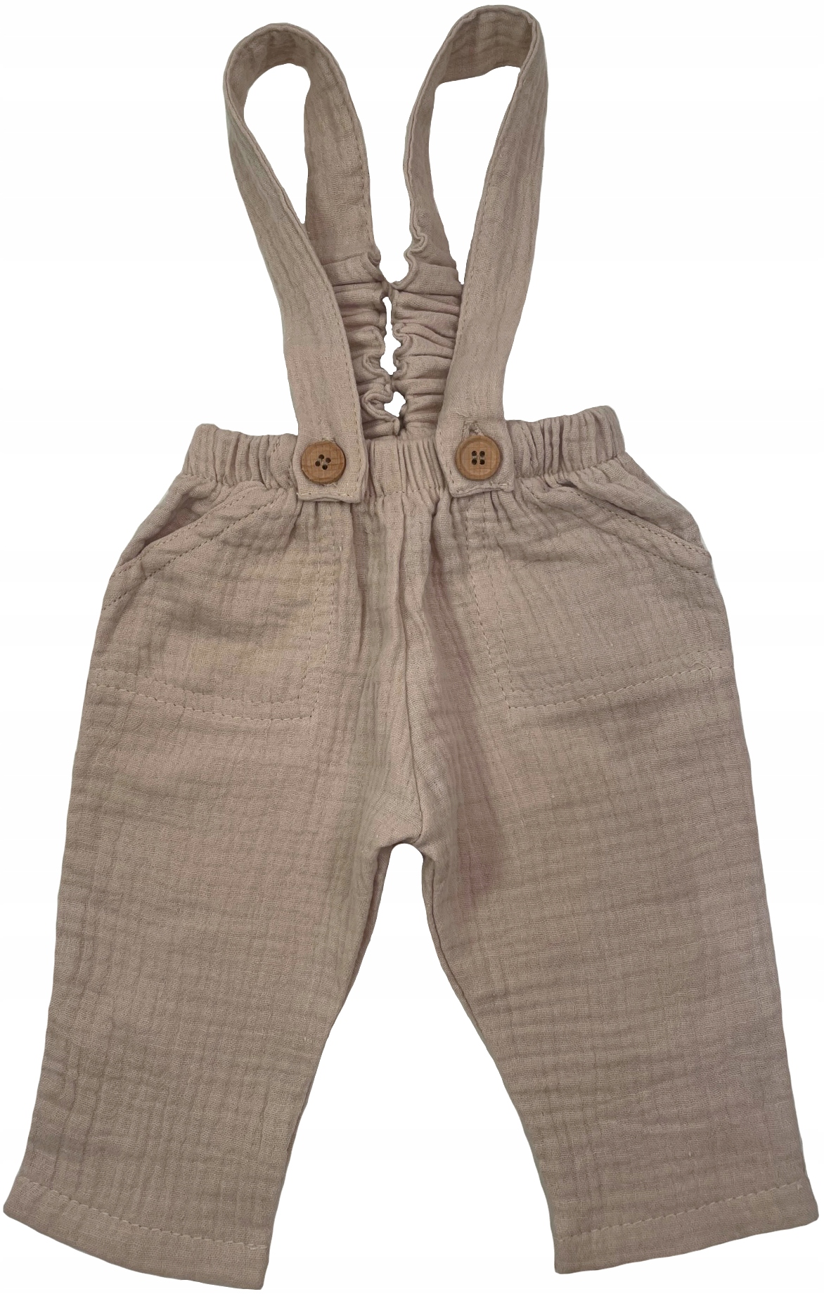 SPODNIE na szelkach 62 cm +2m beżowe ogrodniczki z muślinu muślin