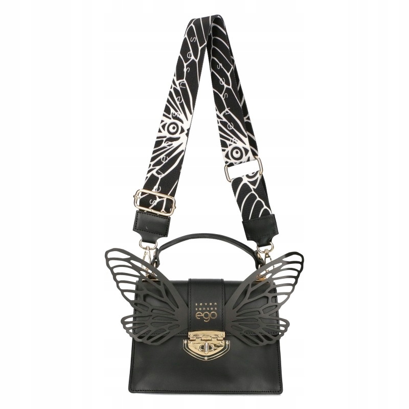 Ego Dámská Kabelka Přes Rameno S Odnímatelným Motýlem, Černá Kůže, Pásek, Logo