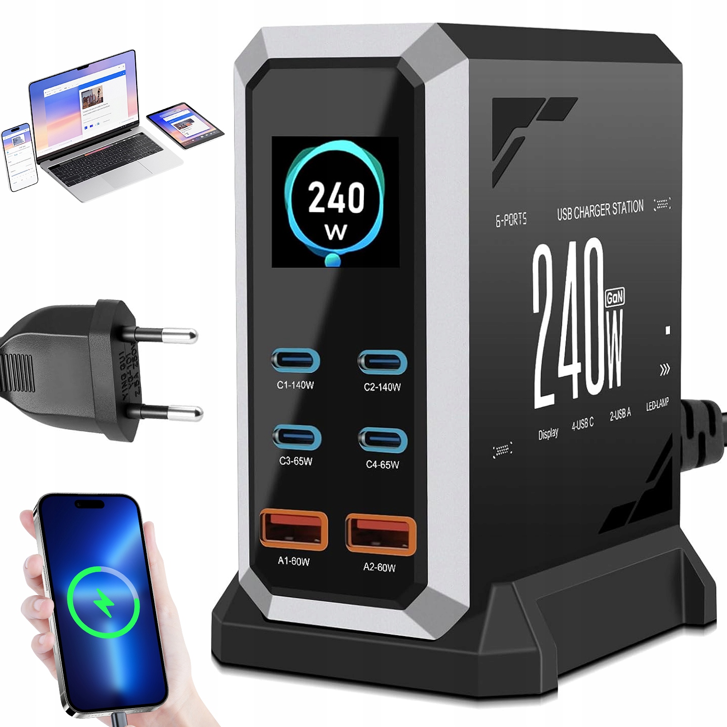 Kompaktowa Ładowarka 240W Gan Z 6 Portami Usb Do Urządzeń Samsung