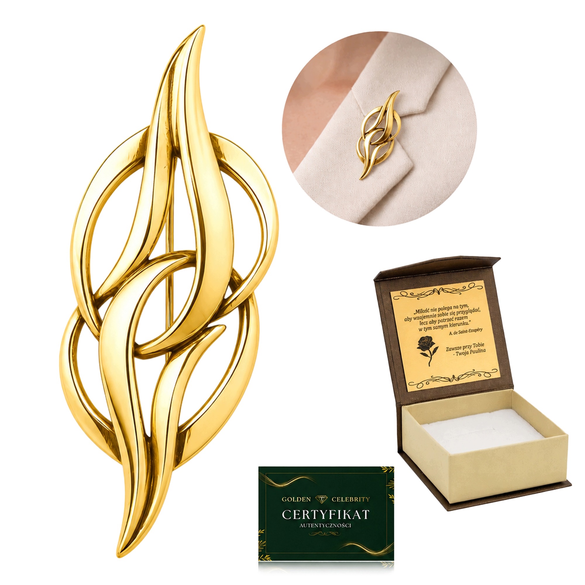 Brož Abstraktní Stříbro 925 Pozlacená 24K Zlatem Elegantní Dárek