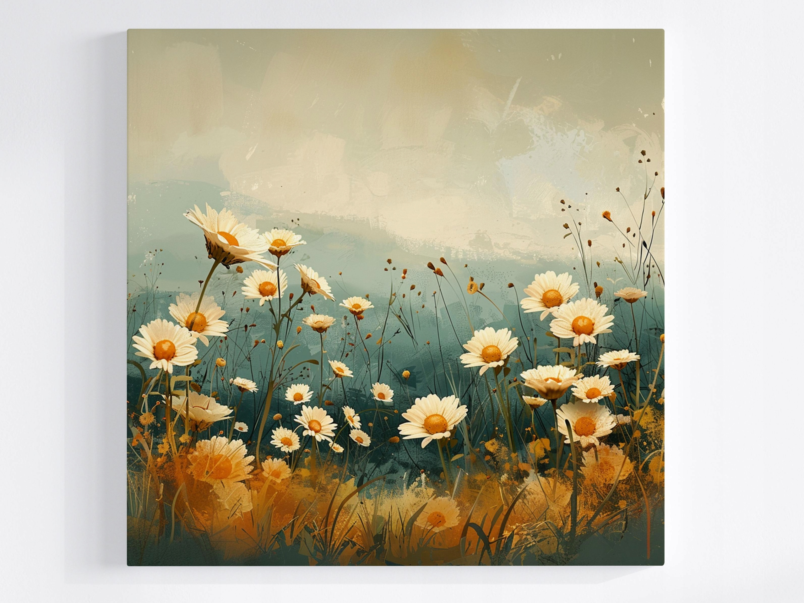 Obraz Na Plátně Canvas Louka Květiny Sedmikrásky Pastelová Krajina Retro 80x80