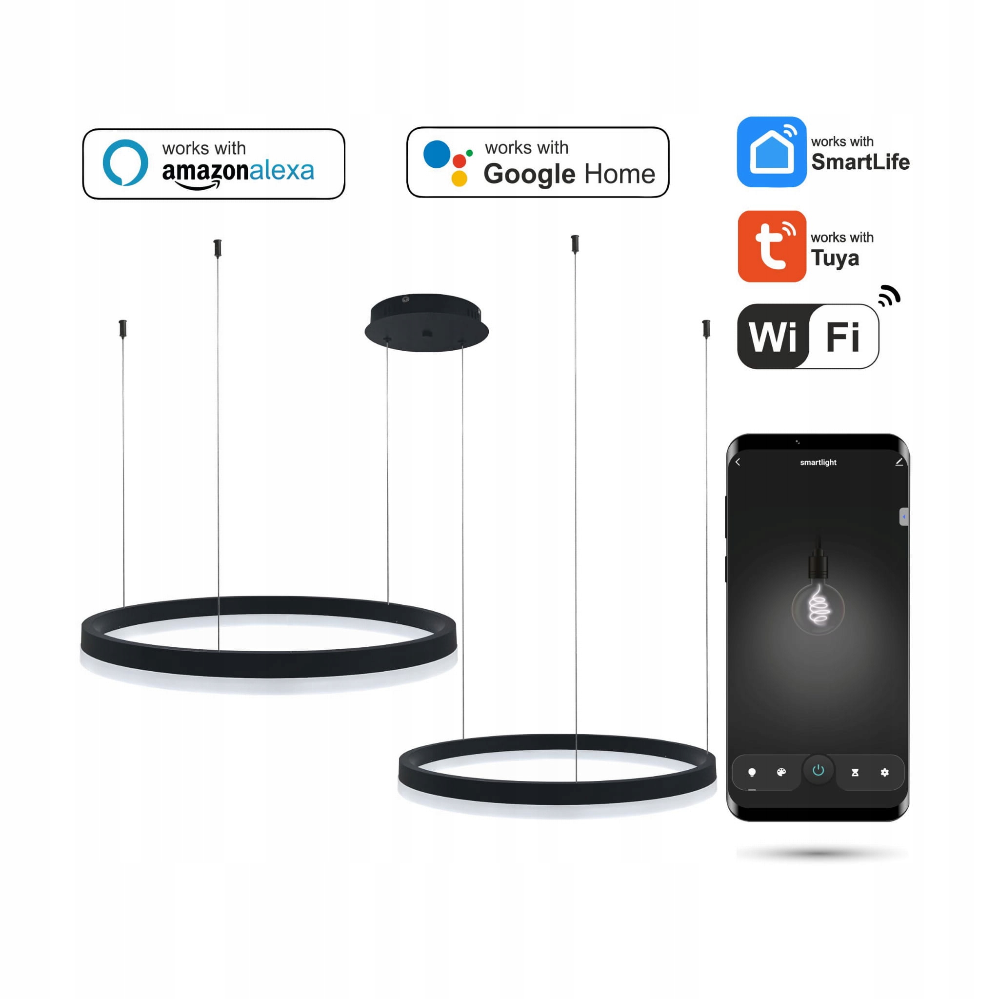 Okrúhla WiFi lampa Tuya 60 cm 40 cm Led Čierna závesná Ring Circle