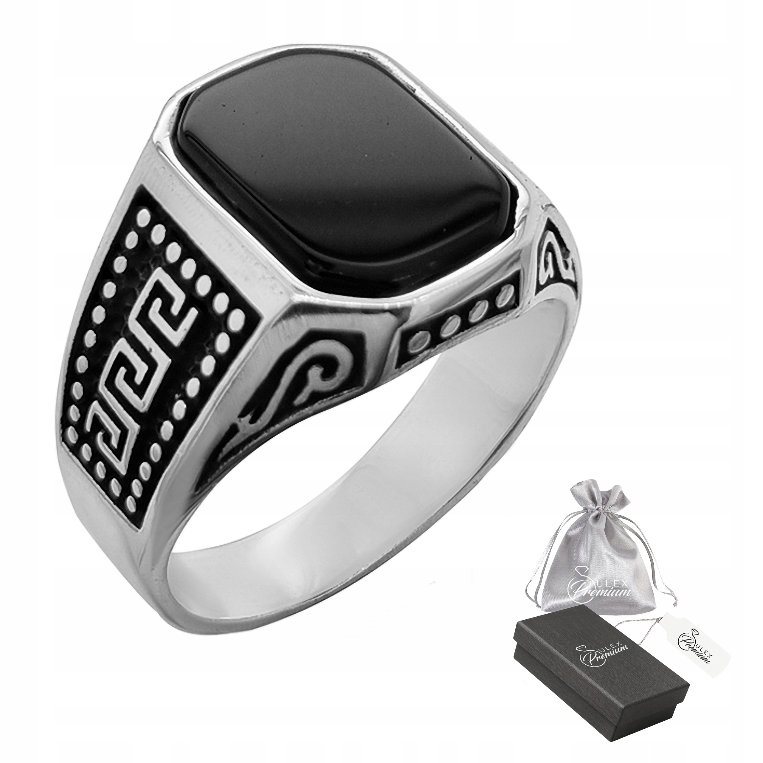 Pánský stříbrný signet ryzost 925 Meander Prsten s onyxem Elegantní vel. 24