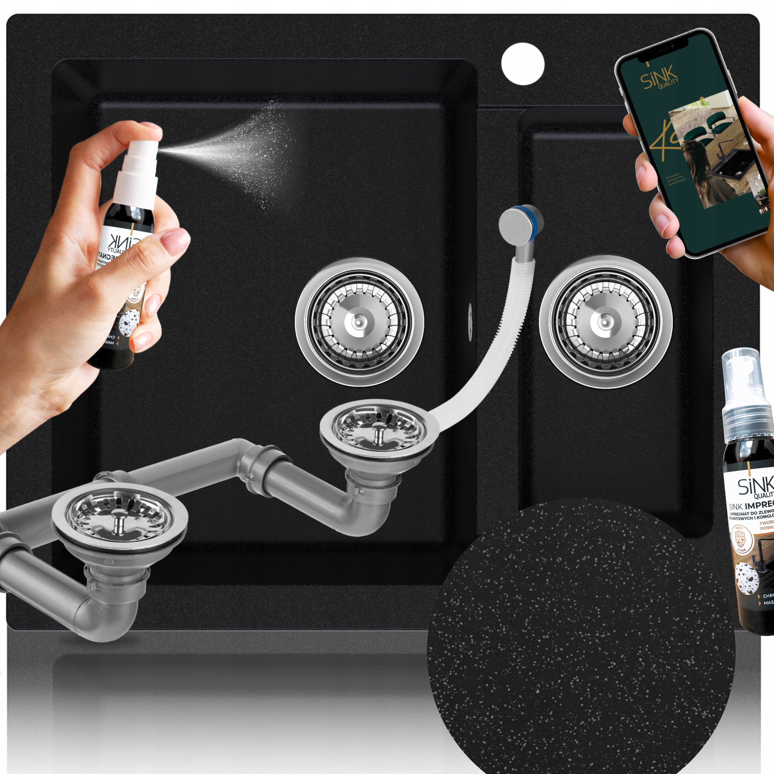 Granitový Dřez, Půlkomorový, Černý, Skvrnitý, Kuchyňský Sifon