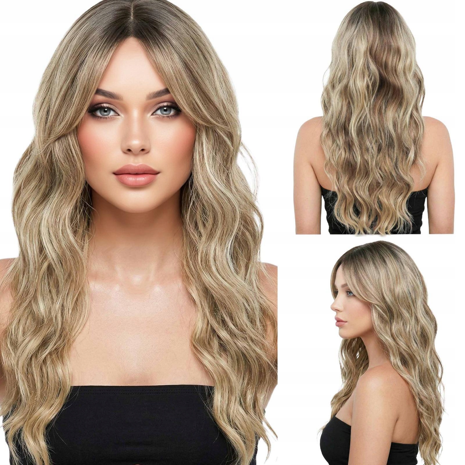 Syntetická paruka s ofinou, umělé dlouhé vlny, hnědá/blond pramínky