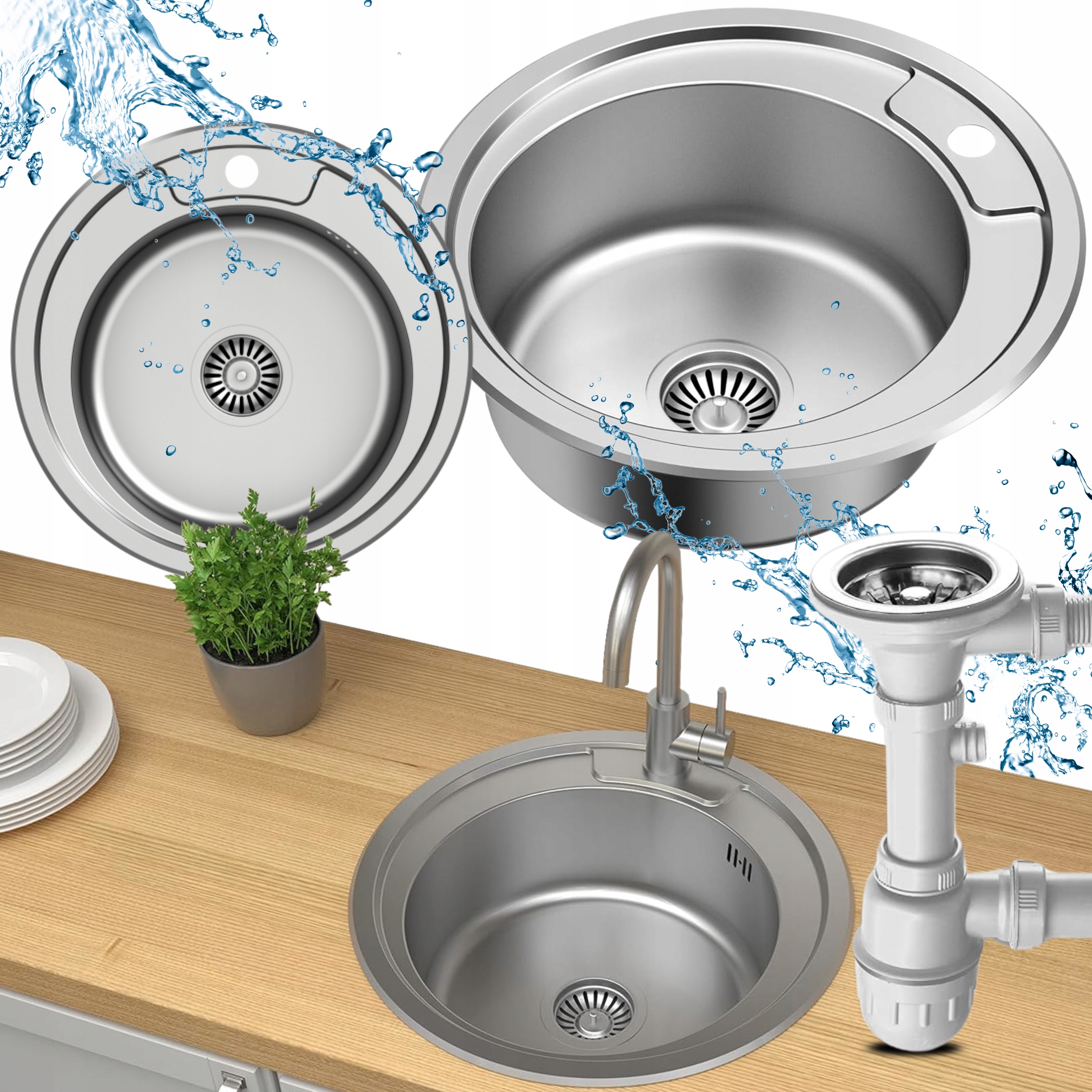 Jednokomorový Ocelový Dřez Kulatý Lisovaný Saténový Sifon 6v1