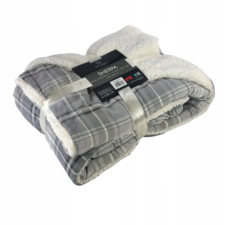 Deka Sherpa tlustý nadýchaný beránek 150x200 potisk šedý kostkovaný